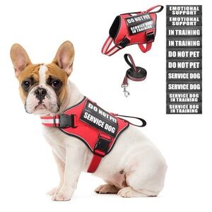 Service Dog Vest Harness and Leash Set+10 Patches, No Pull & Adjustable Size SM